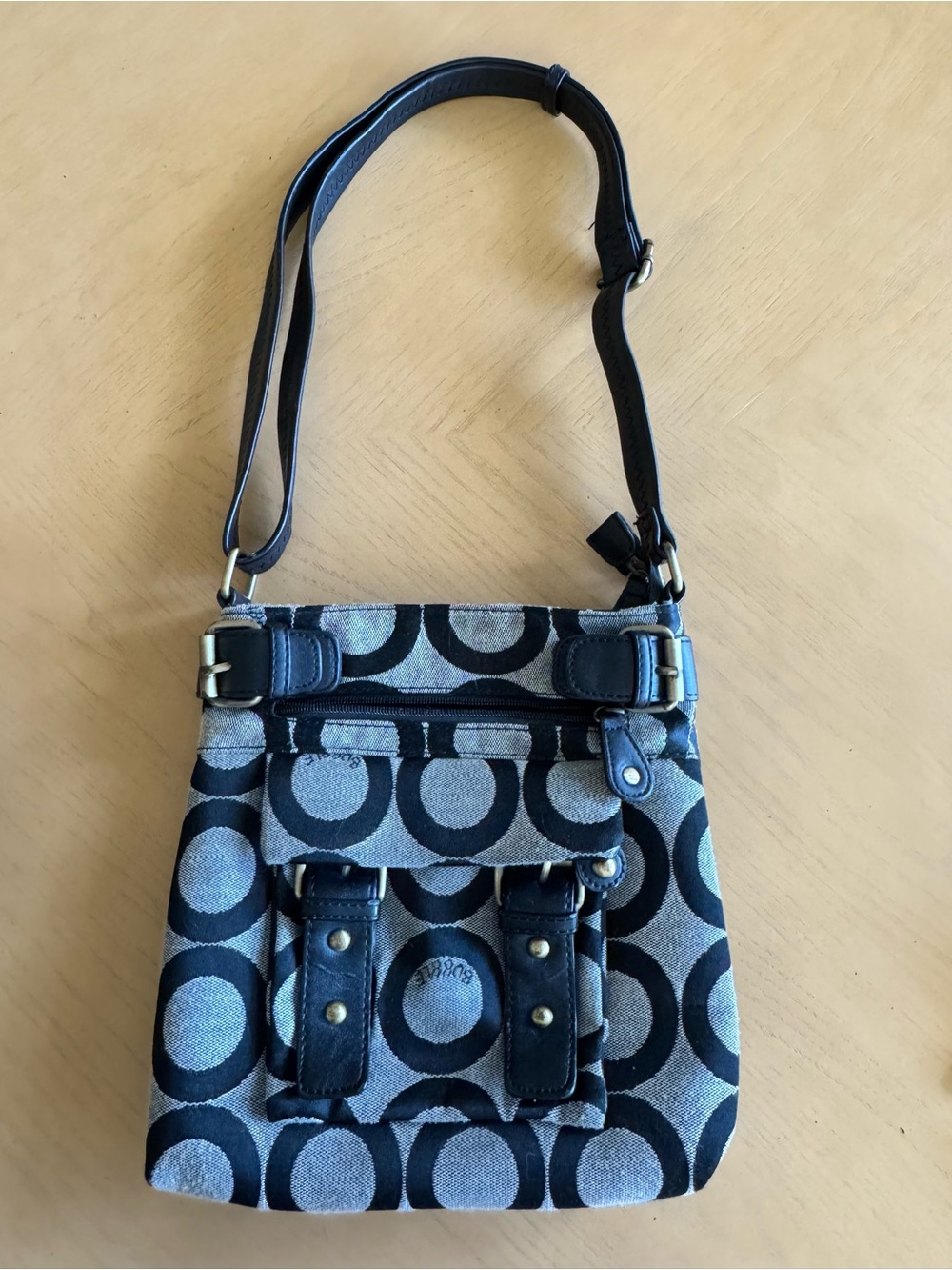 Canvas Circle-Print Crossbody Bag in Black and Gray